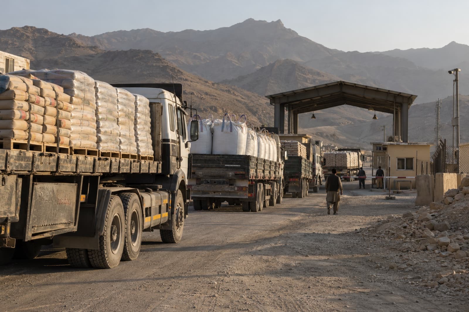 Loaded cement trucks waiting at a border crossing