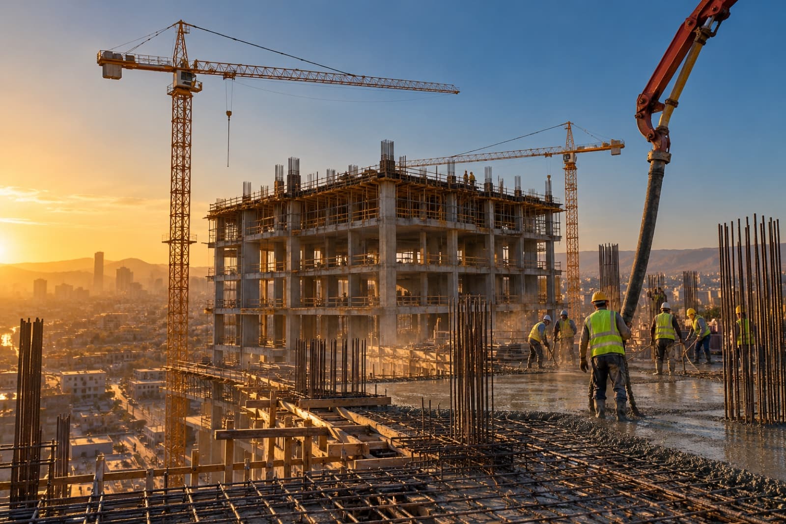 Construction site with concrete being poured
