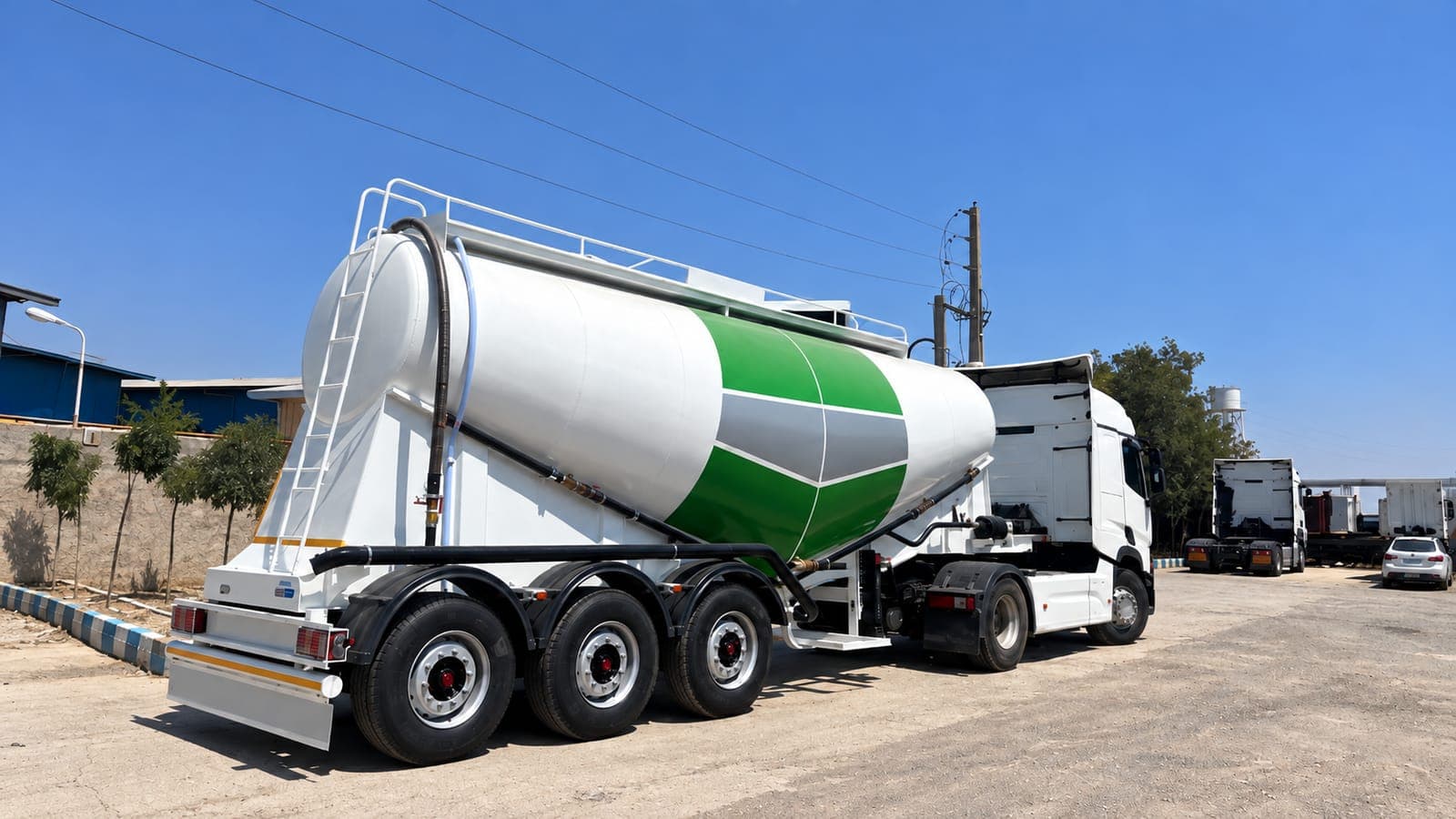 Bulk cement tanker at a truck yard