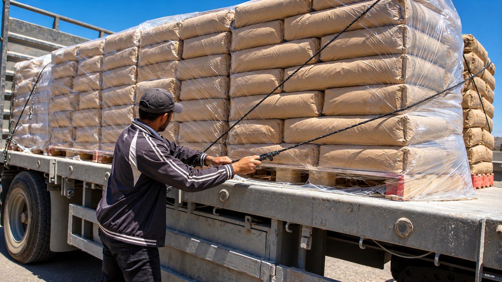 Worker securing a cement load on a flatbed